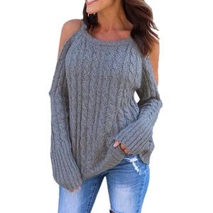 New cable knit off the shoulder gray sweater